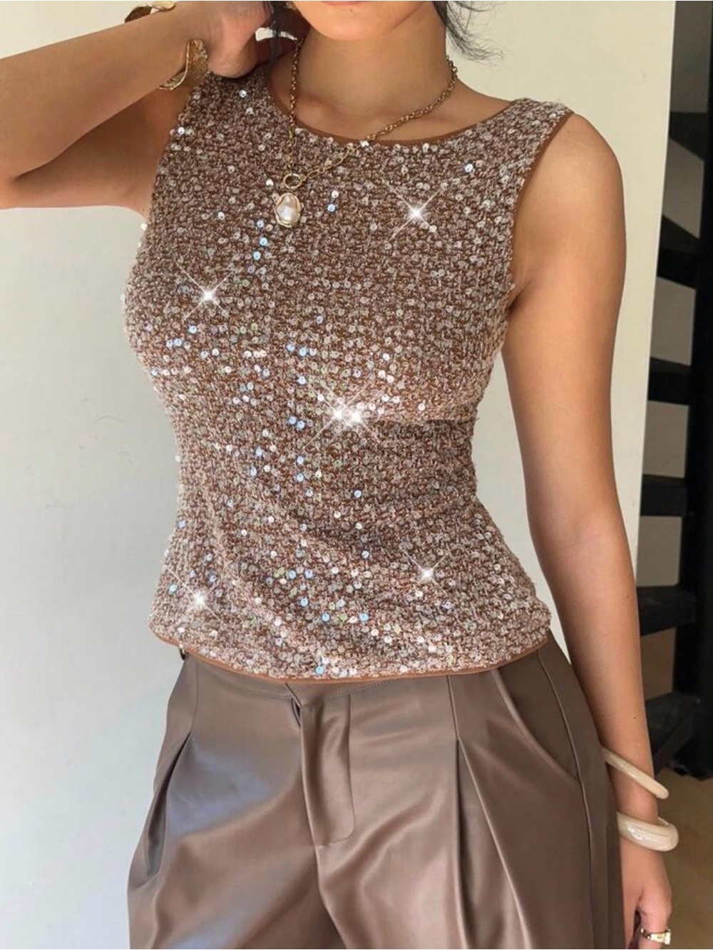 NWT Brown Sequin Tank Top | Sparkly Going Out Top | Size M